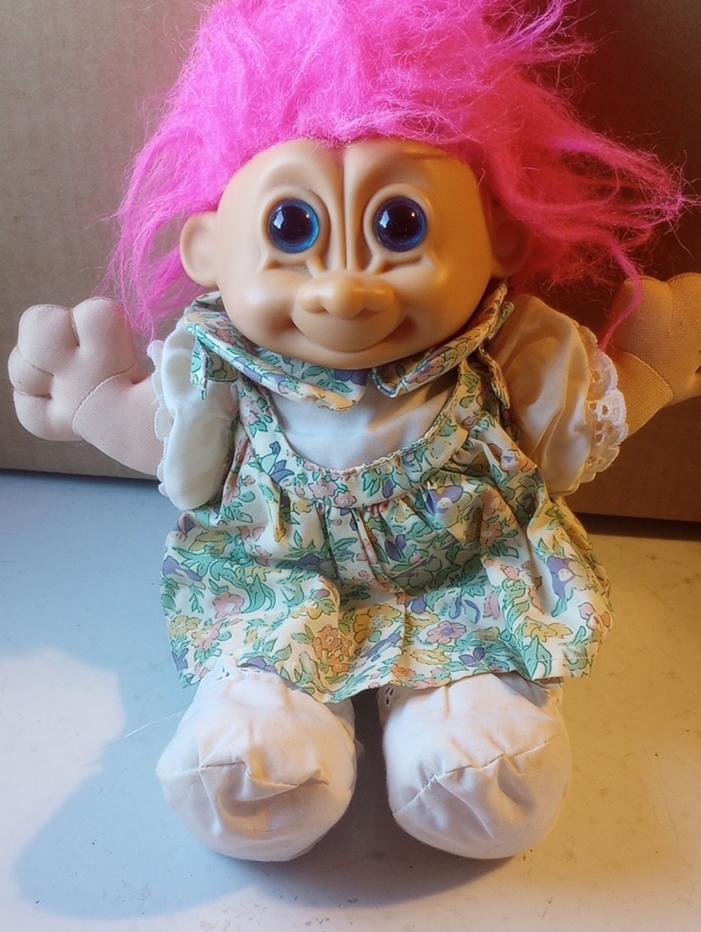 Vintage 12 Inch Russ Troll Doll w/ Pink Hair, Blue Eyes & Original Floral Dress!